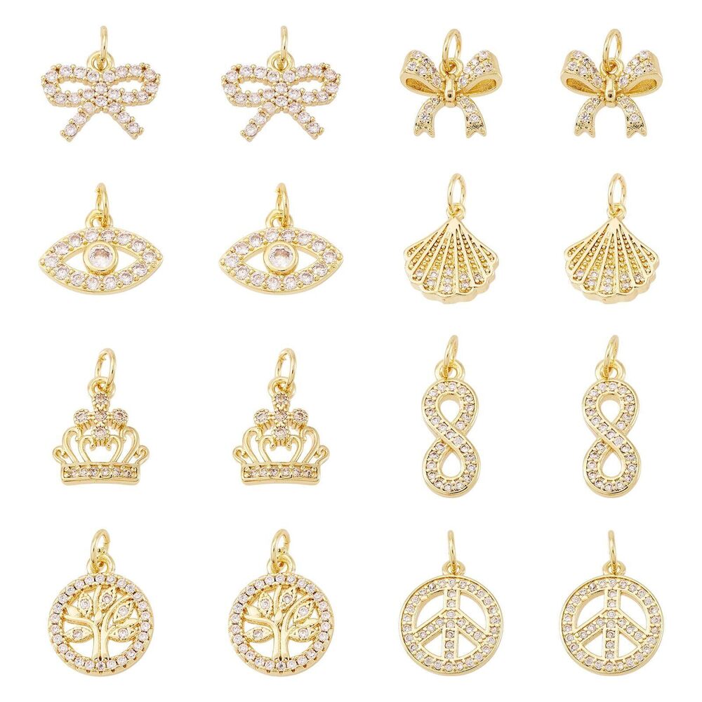 3971 Pandahall 16Pcs 18K Gold Plated Charms Cubic Zirconia Brass Bow Charm